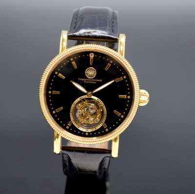 CONSTANTIN DURMONT Herrenarmbanduhr mit Tourbillon, um 2010, Handaufzug, verg. Edelstahlgehäuse, beids. vergl., Boden geschr., schw. Zifferbl. m. ...