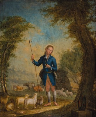 Unbekannter Künstler, um 1830, Christus als guter Hirte mit Schafen, rechts unten Bischofsmütze und -Stab, Öl/Lwd, wachsdoubliert, Keilrahmen ...