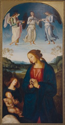 Unbekannter Künstler des 19. Jh., Maria Mutter Gottes mit dem Jesuskind, im Himmel drei Engel, nach dem Vorbild von PietroPerugino (1469-1523), ...