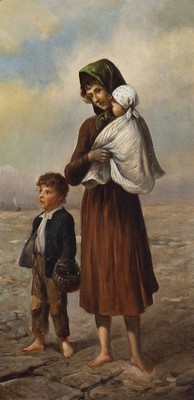 Unbekannter Künstler, wohl Italien, um 1870,Mutter mit zwei Kindern am Strand, Öl/Lwd, unsigniert, ca. 51x25cm, reich gestuckter goldfarbener ...
