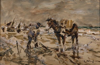 Julius Seyler, 1873 - 1955 München,, Crevettenfischer am Strand, u. re. signiert , Öl/Holz, ca. 29 x 43 cm, Rahmen ca. 38 x 52 cm