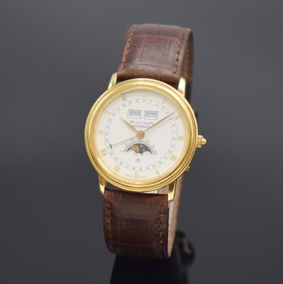 BLANCPAIN hochfeine astronomische Herrenarmbanduhr in GG 750/000, Automatik, Schweiz um 1985, 3-teil. Geh. inkl. Lederband m. orig. Dornschl. in GG ...