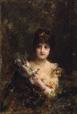 Unbekannter Künstler, um 1890/1900,, junge Frau mit Brieftaube und Brief, Öl/Lwd, feines Inkarnat, altersbedingt krakeliert, ca. 37 x 25.5 cm, ...