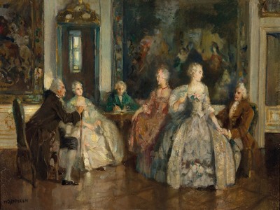 Walter Geffcken, 1872 - 1950,, Rokoko-Gesellschaft/höfische Gesellschaft , sechs Personen in einem Empfangsraum, sich unterhaltend, ein Herr im ...