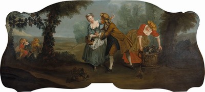 Unbekannter französischer Künstler, 18./19. Jh., Weinernte, im Mittelpunkt tanzendes Paar, rechts und links Personen mit Traubenkörben bzw. ...