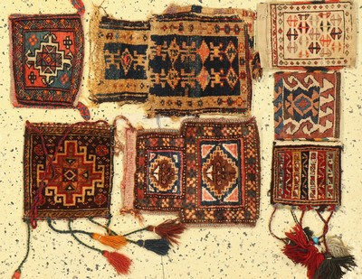 Konvolut aus 7 Taschen, Persien, um 1910/1920, Wolle auf Wolle, ca. 40 x 30 cm, EHZ: 2-3