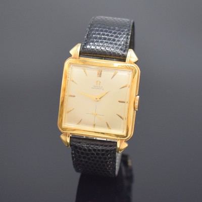 OMEGA quadratische Herrenarmbanduhr mit Hammerautomatik in GG 750/000, Schweiz um 1950, Automatik, gedr. Geh., Boden dell., Lederband m. orig. Omega ...