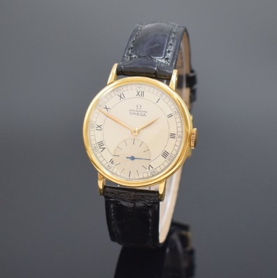 OMEGA Chronometer seltene Herrenarmbanduhr mit Kaliber 30T2 Rg in GG 750/000, Schweiz um 1947, Handaufzug, 3-teil. Geh., Boden u. Glasrand aufgedr., ...