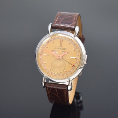 Jaeger-LeCoultre / TÜRLER Herrenarmbanduhr mit Kalender in Stahl, Schweiz 1940er, Handaufzug, 2-teil. Geh. m. tropfenförm. Bandanst., Boden ...