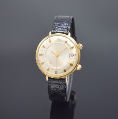 LeCoultre Memovox Herrenarmbanduhr mit Wecker, Schweiz f. US-Markt um 1955, Handaufzug, 10K gold filled Monocoque-Geh., silb. Zifferbl. m. aufges. ...