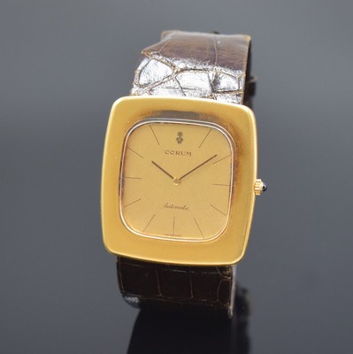 CORUM seltene große Herrenarmbanduhr in GG 750/000 Referenz 58301, Schweiz um 1975, Automatik, 2-teil. Geh., Boden 4-fach verschr., gold. Zifferbl., ...