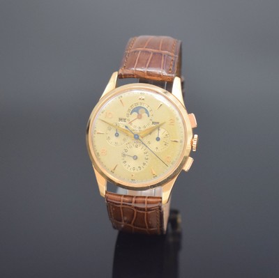 UNIVERSAL GENEVE Tri-Compax 37,5 mm Schaltradchronograph mit Vollkalender in RG 750/000 Referenz 12285, Schweiz um 1945, Handaufzug, 3-tlg. Geh., ...