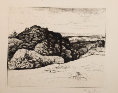 Philipp Franck,, zwei Radierungen, re. u. signiert, a. Landscahft mit weidenden Schafen, 135/150, handsigniert, ca. 24.5 x 29 cm Plattengröße, PP., ...
