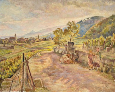 Gustav Rossi, 1898 Speyer - 1976 Gimmeldingen, Landschaft bei Gimmeldingen, Öl/Lwd, re. unten signiert, dat. 1947, 75 x 95 cm, Rahmen