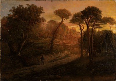 Zuschreibung: Paul Weber, 1823 - 1916, Waldlandschaft in der Dämmerung mit Jäger, Öl/Lwd, krakeliert und altersbedingte Farbablösungen, ältere ...
