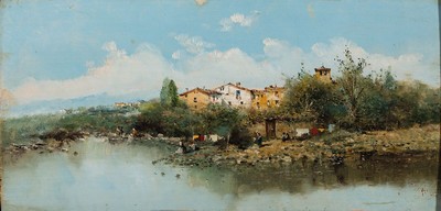 Emilio Alvarez Ayom, südliche Flußlandschaft, Öl/Holz, signiert, ca. 23 x 47 cm, Prunkrahmen l. best., ca. 47 x 70 cm