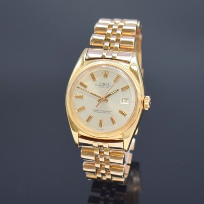 ROLEX Datejust "Ovettone" Herrenarmbanduhr in RoseG 750/000 Referenz 6105, Schweiz um 1951, verschr. Oystergeh., neutr. Band in RoseG ...