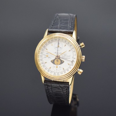 GIRARD PERREGAUX Herrenarmbanduhr mit Chronograph und Mondphase in GG 750/000, Schweiz um 1900, beids. vergl. Geh., Boden aufgedr., weißes Zifferbl. ...