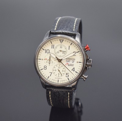 JUNKERS Eurofighter Typhoon limitierter Stahl-Chronograph, Schweiz um 2010, Automatik, geschwärztes beids. vergl. Geh., Boden verschr., weißes ...
