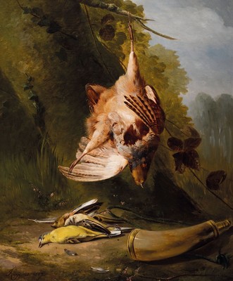 Francois Joseph Huygens, 1820-1908 Belgien, Stillleben mit Pulverhorn und erlegten Vögel, Öl/Lwd, rest., rechts unten signiert, ca. 72x60cm, R. ca. ...
