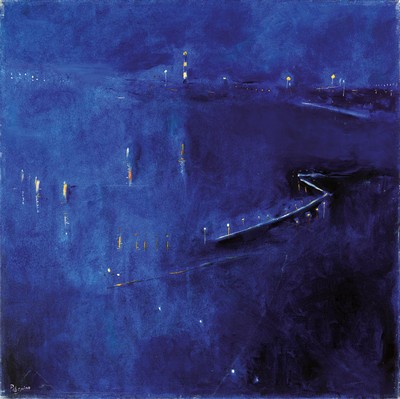 Enrico Pellegrino, geb. 1968, "Genova, Porto, notte" (2005), nächtliche Ansicht des Hafenszu Genua, signiert, Öl/Lwd, 71y71 cm
