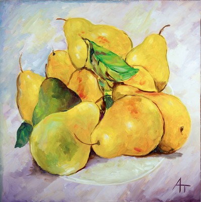 Alessandro Thoma, zeitgenössischer Künstler,Früchtestillleben mit Birnen, monogrammiert AT Alterssp., Öl/Faserplatte, 98x97 cm