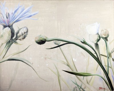 Jörg Extra, geb. 1960 Köln, freiberuflicher Illustrator und Maler, blaue Kornblumen, signiert, Öl/Lwd, Alterssp., 80x100 cm