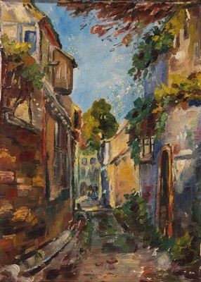 E. Lottes-Croissant, Tochter von August Croissant (1870-1941), Straßenzug in Gleisweiler, verso bez., l. Farbschäden, 46x34cm, R. best., 58x45 cm