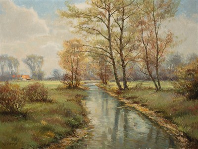 Carl Heinz Stricker, 1926 Neuss-2003, Studium an der Akademie Düsseldorf, Auenlandschaft mit Gehöft, Öl/Lwd, signiert, Rahmen 73x93 cm