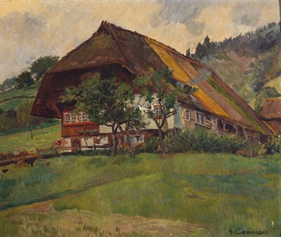 Auguste Cammissar, 1873-1962, Blick auf ein Bauernhaus, Öl/Malkarton, rechts unten signiert, leichte Oberflächenschäden, ca. 40x50cm, R. (dieser ...