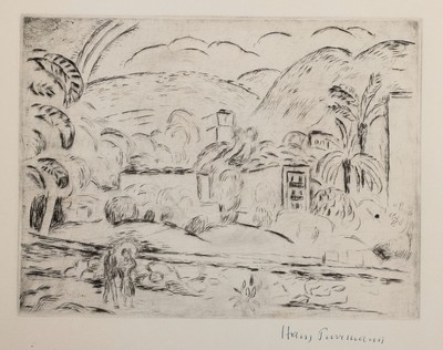 Hans Purrmann, 1880 Speyer-1966, südliche Landschaft, Radierung, rechts unten handsigniert, ca. 17.5x23.5cm, seiltich rechts außerhalb der ...