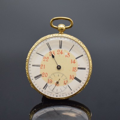 Offene Taschenuhr in GG 750/000, Schweiz um 1870, grav. Geh. m. Münzrand, guill. Rückdeckel dell., Goldcuvette floral grav., Emailzifferbl. ...