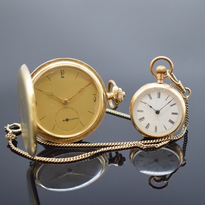 Savonette und offene Taschenuhr in GG 585/000 mit Kette in GG 333/000, Schweiz um 1900/1940, beide Geh. dell., beide Metallcuvette 1x m. Widmung, 1) ...