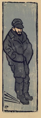 Otto Pankok, 1893 Mühlheim-1966 Wesel, Farbholzschnitt, "Proletarier", in knielangen Mantel gekleideter Mann, mit in die Stirn gezogener ...