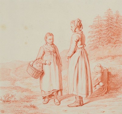 Ungedeuteter Monogrammist CWS, 19.Jh., Rötelzeichnung, bäuerliches Sujet, Mutter mit zwei Kindern auf Landstraße, monogrammiert, l.fleckig, ...