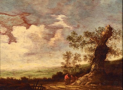 Unbekannter Niederländer, frühes 19.Jh., bäuerliche Landschaft mit Figurenstaffage in altniederländischer Tradition, Öl/Holz, rechts unten Reste ...