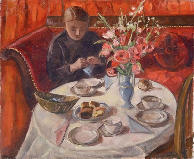 Marie-Helene Fehr-Clement, 1918-2012 Lausanne , "Interieur" so verso bez., junge Frau beim Stricken an reich gedecktem Frühstückstisch, ...