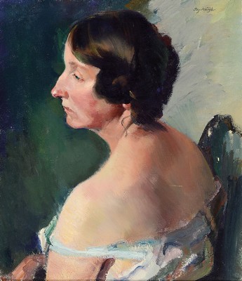 Josef Kuisl, 1884-1969 deutsch, Frau in Rückansicht, Gesicht im Profil, pastoser Farbauftrag, rechts oben signiert, Öl/Lwd, 53x45 cm, Rahmen 61x54 ...