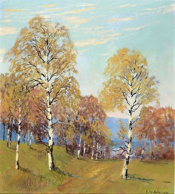 Ernst Alfred von Escher, 1883 Zofingen - 1963 Winterthur, Lehre zum Lithographen, Aufenthalte in Paris und Italien, Birkenhain, Öl/Lwd, signiert u. ...
