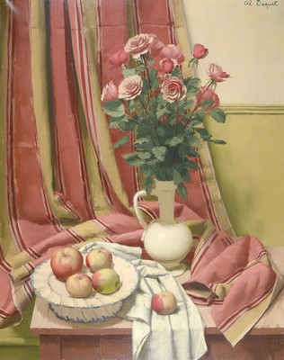 Alain Dequet, 1920-1980 französisch, Blumenstillleben mit Rosen und Früchten, so verso auf altem Etikett auf frz. bez., signiert, Öl/Lwd, Rahmen, ...