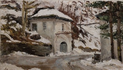 Unbekannter Künstler, um 1900-1920, Zollhaus im verschneite Winterwald, Öl/Lwd, links unten unleserlich signiert, ca. 27x45cm, R. ca. 43x63cm