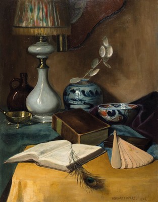 Adriaan Timmers, 1886-1952, Stillleben mit Büchern, Fächer und chinesischem Porzellan, Öl/Hol, rechts unten sign. und dat. 1926, ca. 60x47cm, R. ...