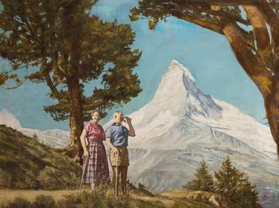 Josef Reusch, 1887 Lechernich-1976 Wiesbaden, zwei Wanderer vor dem Matterhorn, Öl/Lwd, mit kleinem Lwd-Riss, rechts unten sign. und dat. 1968, ca. ...