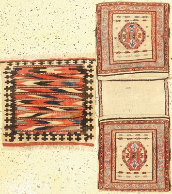 Konvolut Azeri Doppeltasche & Kelim Taschenfront, Kaukasus, um 1900, Wolle auf Wolle, ca. 102 x 39 cm & ca. 49 x 46 cm, EHZ: 2