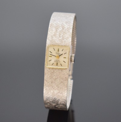 DUBOIS Damenarmbanduhr in WG 750/000, Schweiz um 1965, Handaufzug, Boden aufgedr., silb. Zifferbl. m. aufges. Std.-Ind., schwarze Zeiger, rotverg. ...