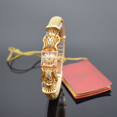 LOTOS ausgefallene Damenarmbanduhr in GG 750/000, Schweiz 1940er Jahre, Handaufzug, Geh. dell., Scharnierboden, silb. Zifferbl. pat./fl., Kal. AS ...