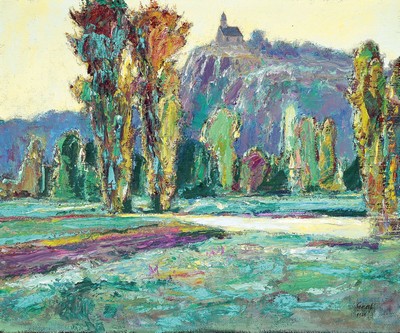 Karl Graf, 1902-1986 Speyer, Frühwerk des "Malers der Pfalz", Blick auf die kleine Kalmit mit Kapelle "Mater Dolorosa", stark ...
