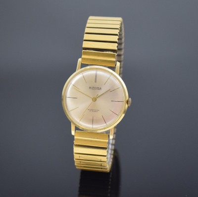 BIFORA Herrenarmbanduhr in GG 585/000, Schweiz um 1970, Handaufzug, Boden aufgedr., verg. Flexband, silb. Zifferbl. m. gold. Std.-Ind., gold. Zeiger, ...