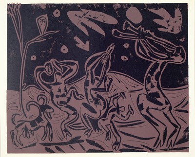 Pablo Picasso, 1881-1973, "Les danseurs au Hibou", Farblinolschnitt, Vergl. Bloch 936, PP, Blatt ca. 31,5x38 cm, gesamt ca. 40x50 cm