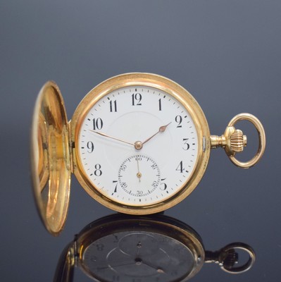 Savonette Herrentaschenuhr in RG 585/000, Schweiz um 1910, 3-Deckel Goldgeh., Emailzifferbl. riss./besch., arab. Zahlen, gold. Zeiger, silb. Werk m. ...